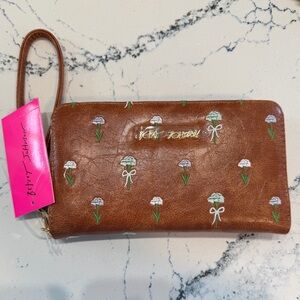 NWT Betsey Johnson faux leather floral embroidered continental wristlet wallet